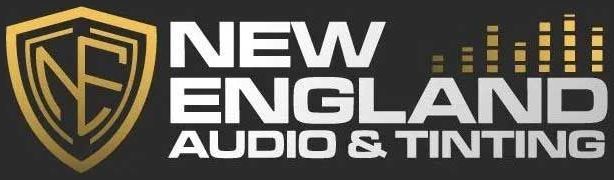 Logo for New England Audio & Tinting. Gold and black shield with stylized "NE," text.