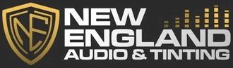 Logo for New England Audio & Tinting. Gold and black shield with stylized "NE," text.