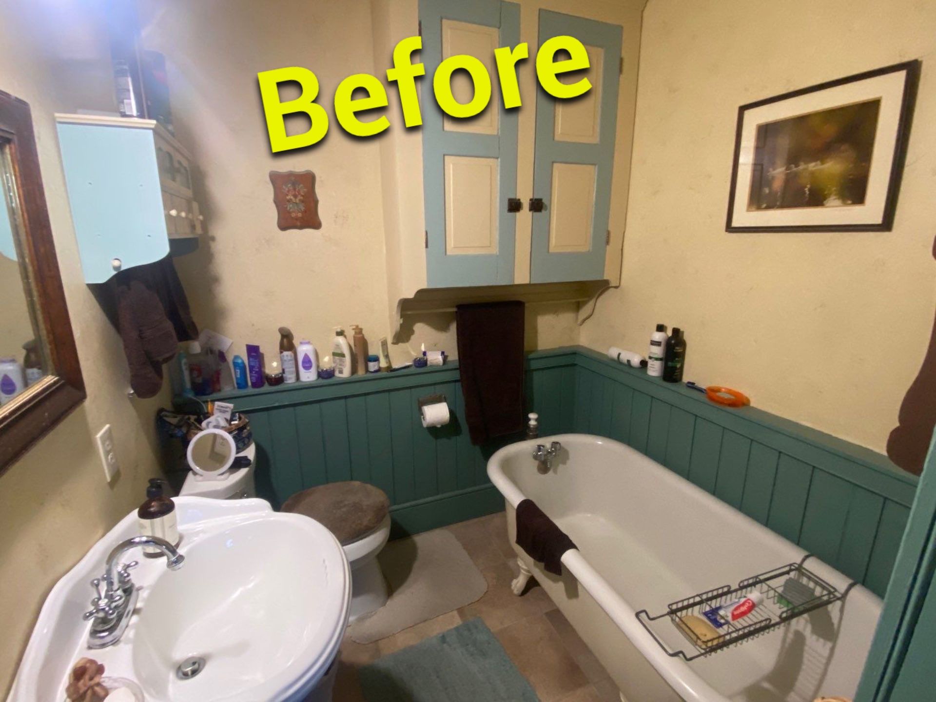 a before picture of a bathroom with a sink and bathtub