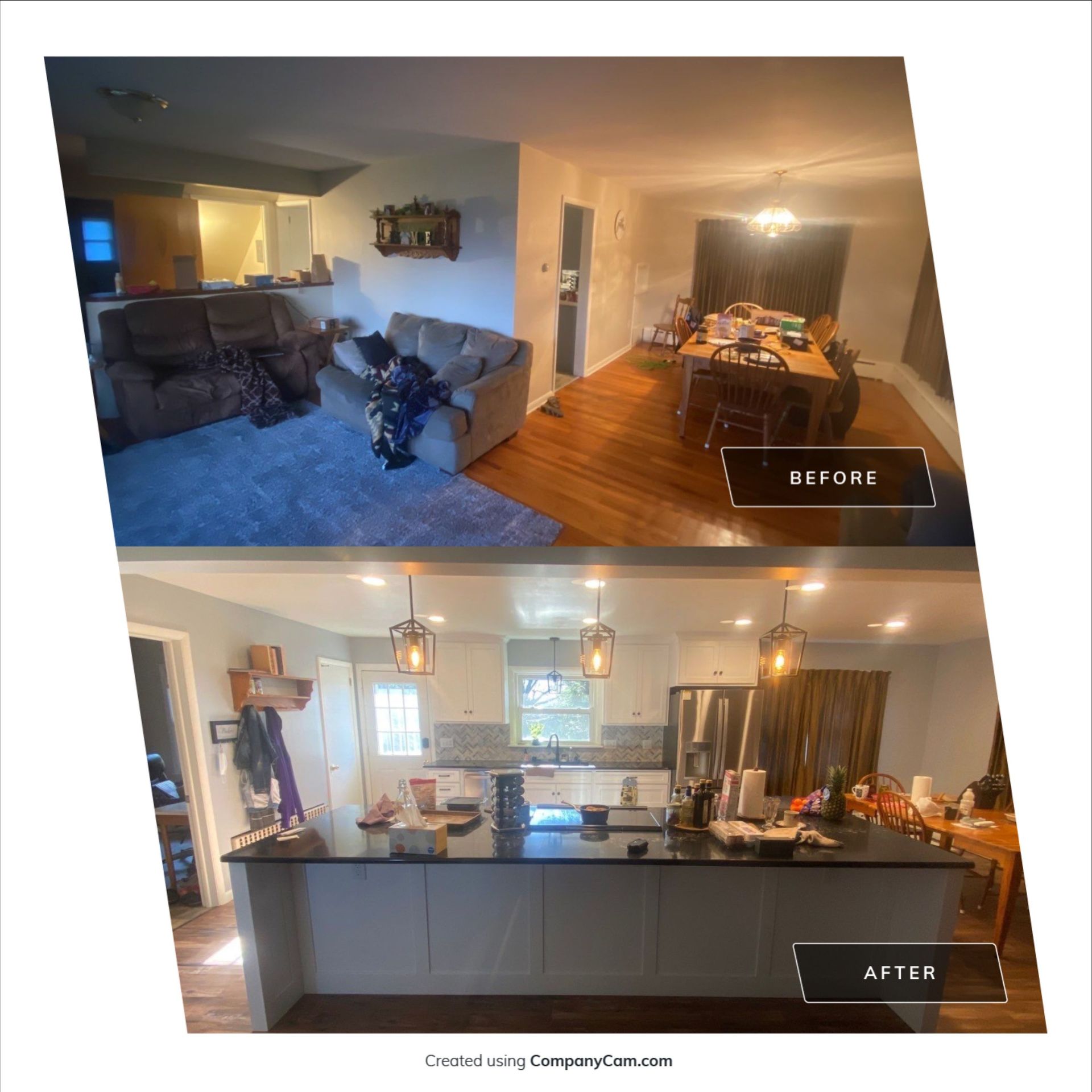 a before and after photo of a kitchen