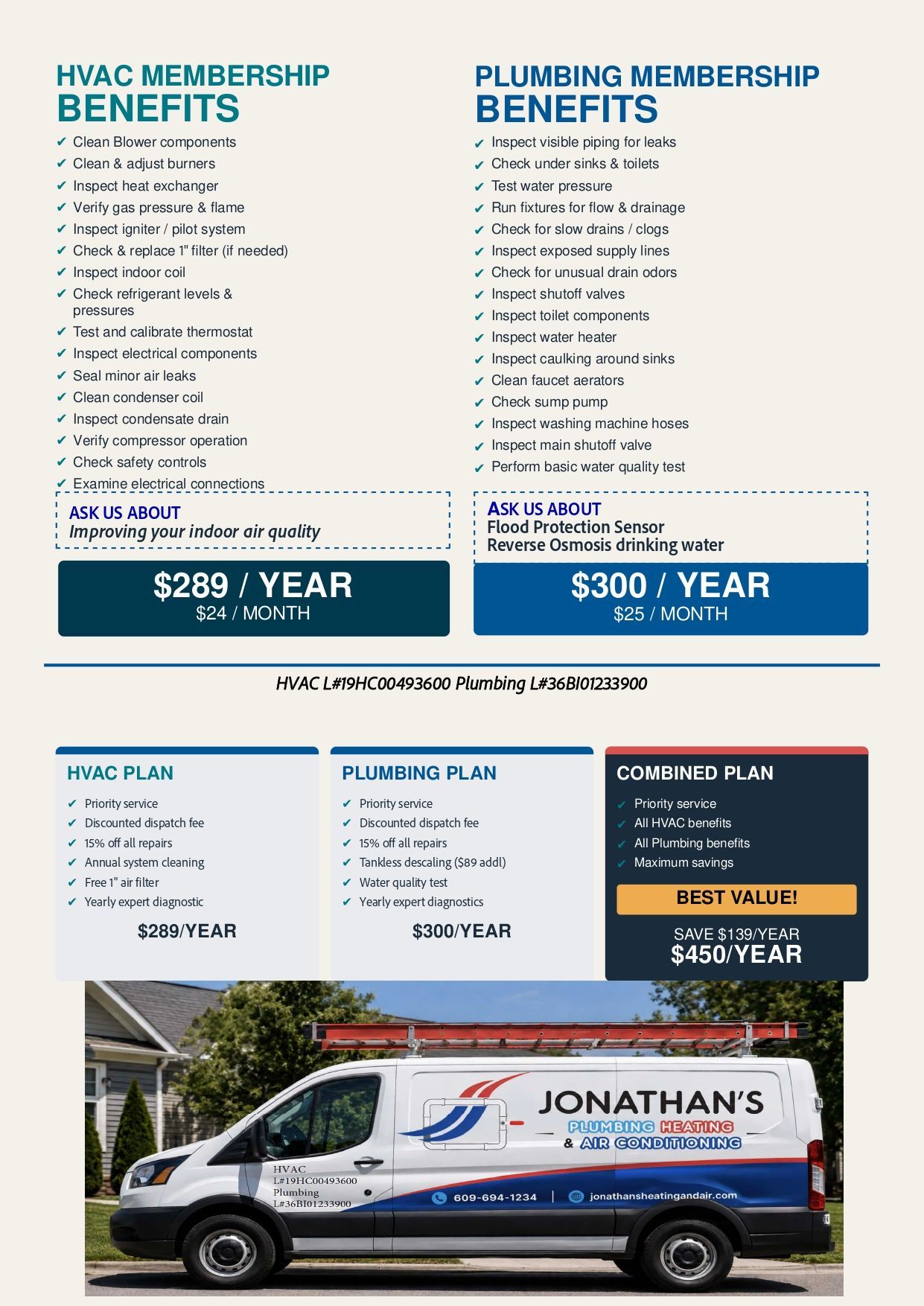 HVAC and plumbing membership benefits flyer with service van and pricing tiers