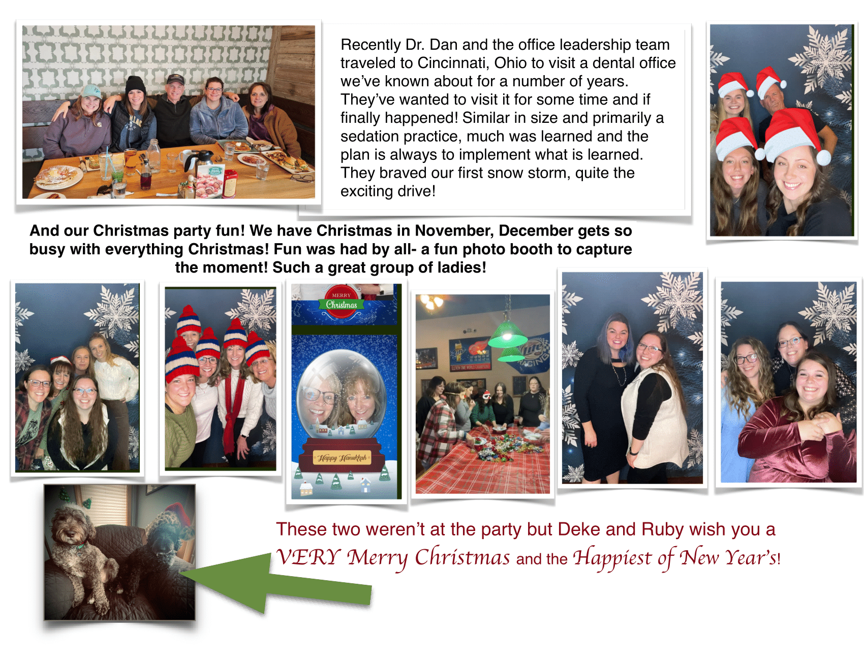 Group photos with Christmas decorations; people smiling, celebrating holidays.