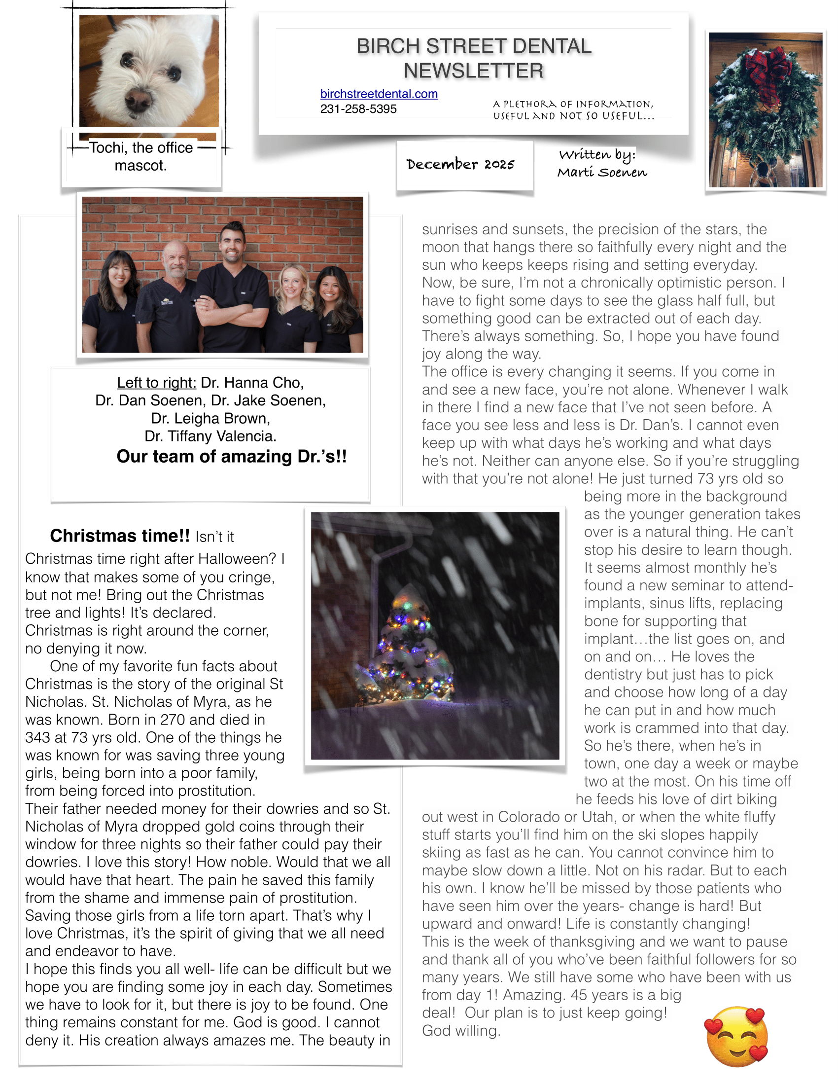 Dental office newsletter with staff, pet, and winter scenes.