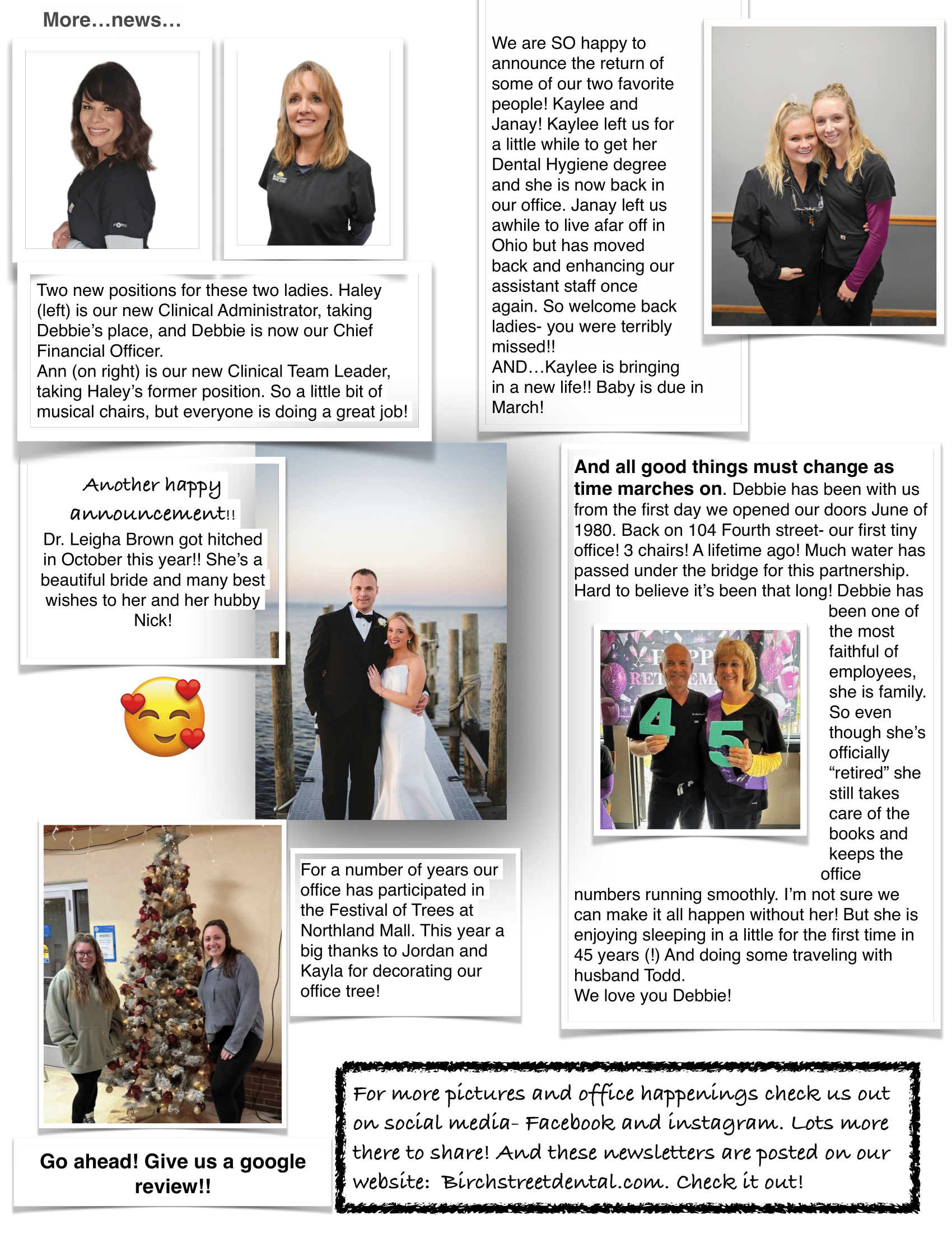 Various photos: people smiling, posing, celebrating events, and a Christmas tree.