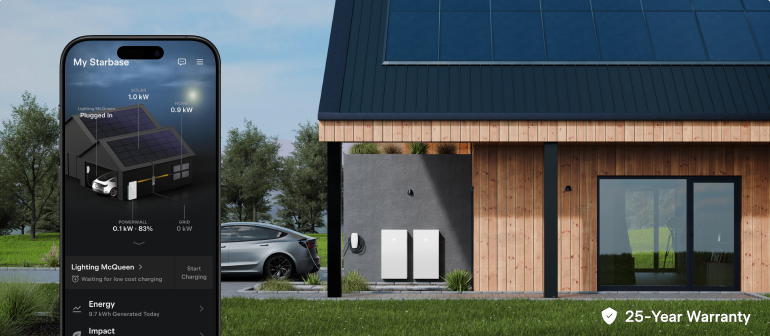 Tesla app monitoring a home solar panel and Powerwall battery system with an electric vehicle parked outside.