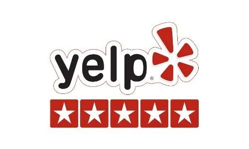 Yelp logo with red burst icon and five-star rating graphic underneath