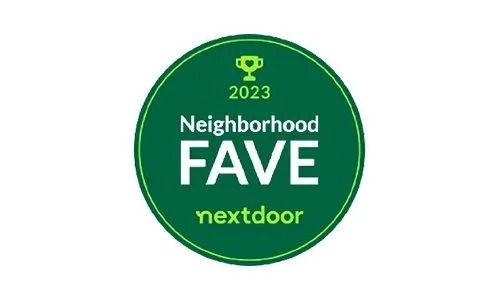 Green circular Nextdoor badge reading “2023 Neighborhood FAVE” with trophy icon.