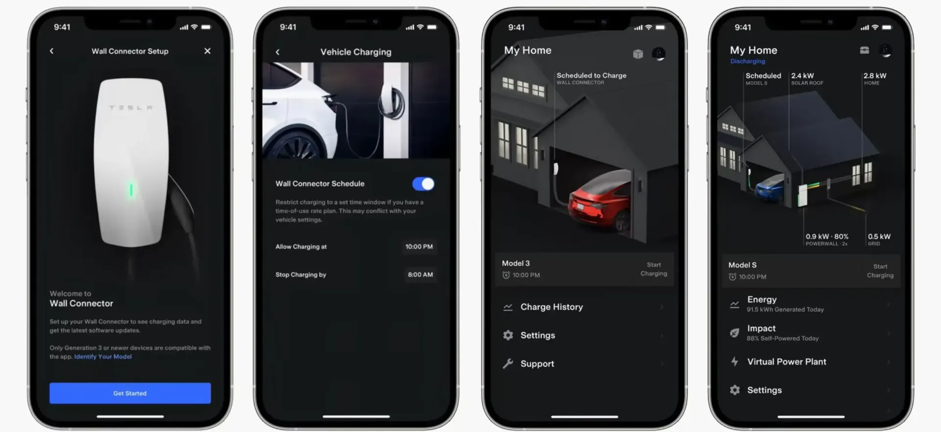 Four smartphone app screens showing a white smart speaker setup and settings with dark mode UI.
