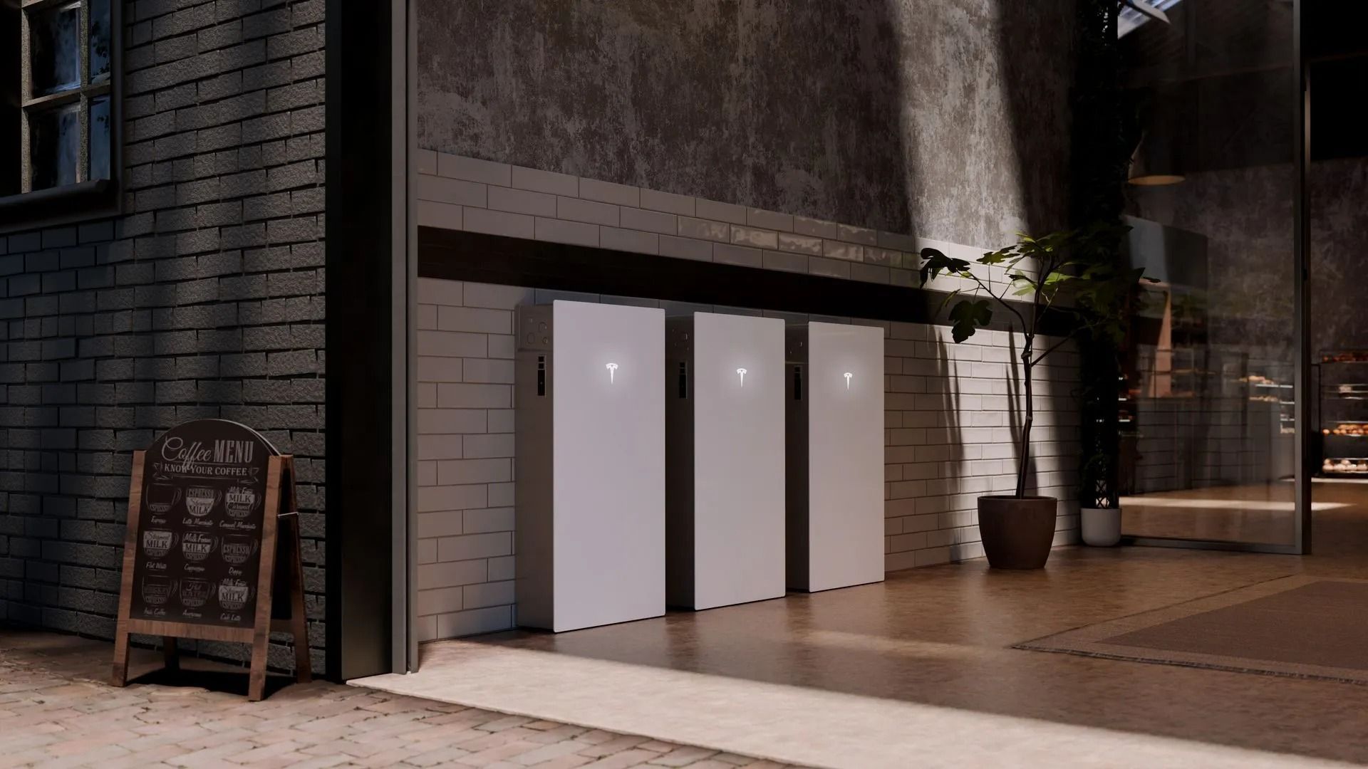 Row of white charging lockers beside a café entrance at night