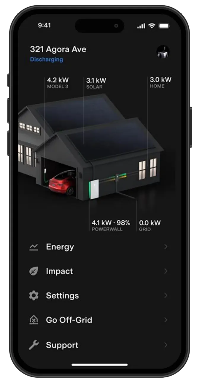 Dark-themed phone app showing a 3D house energy dashboard with usage stats and menu items