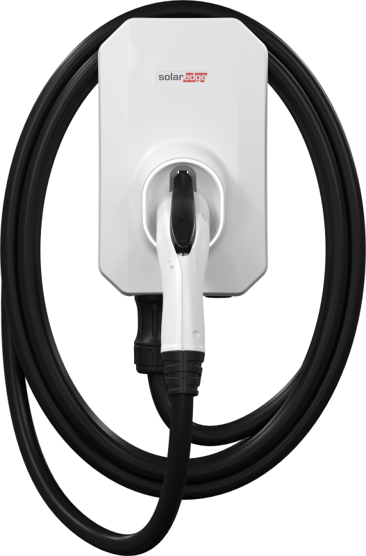 Wall-mounted white EV charging unit with coiled black cable and plug