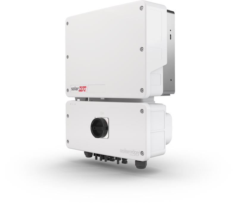 White wall-mounted solar inverter unit with a small display and ports on a plain background