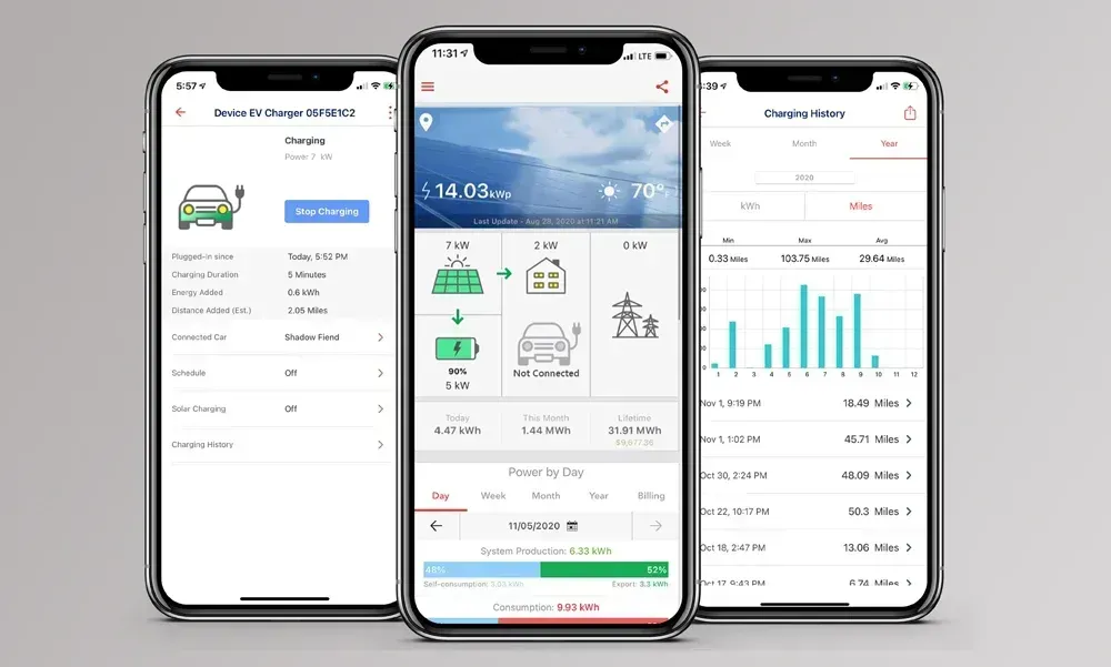 Three smartphones showing a green-and-white car app dashboard, trip details, and usage analytics charts.