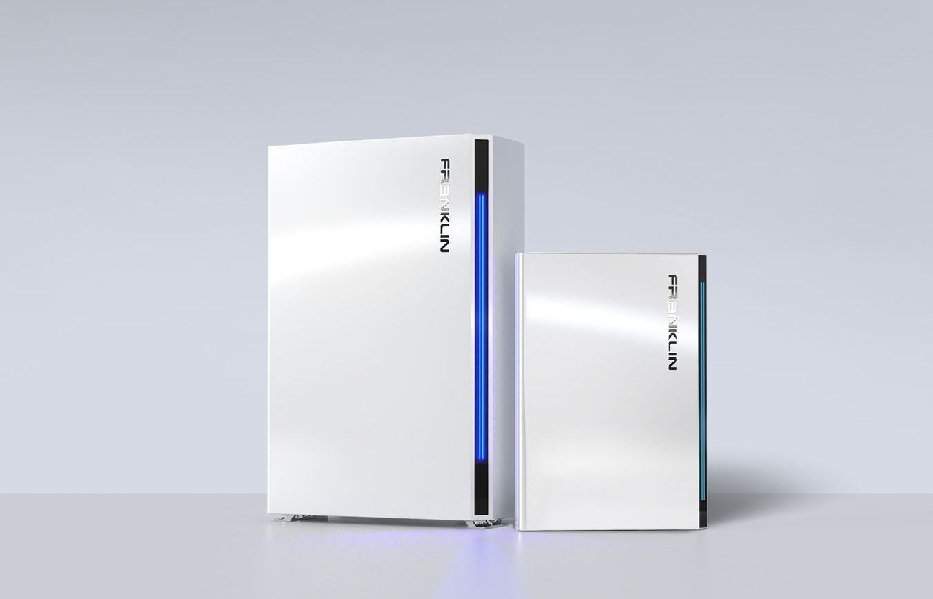 Two sleek white rectangular devices with blue side accents on a light gray background