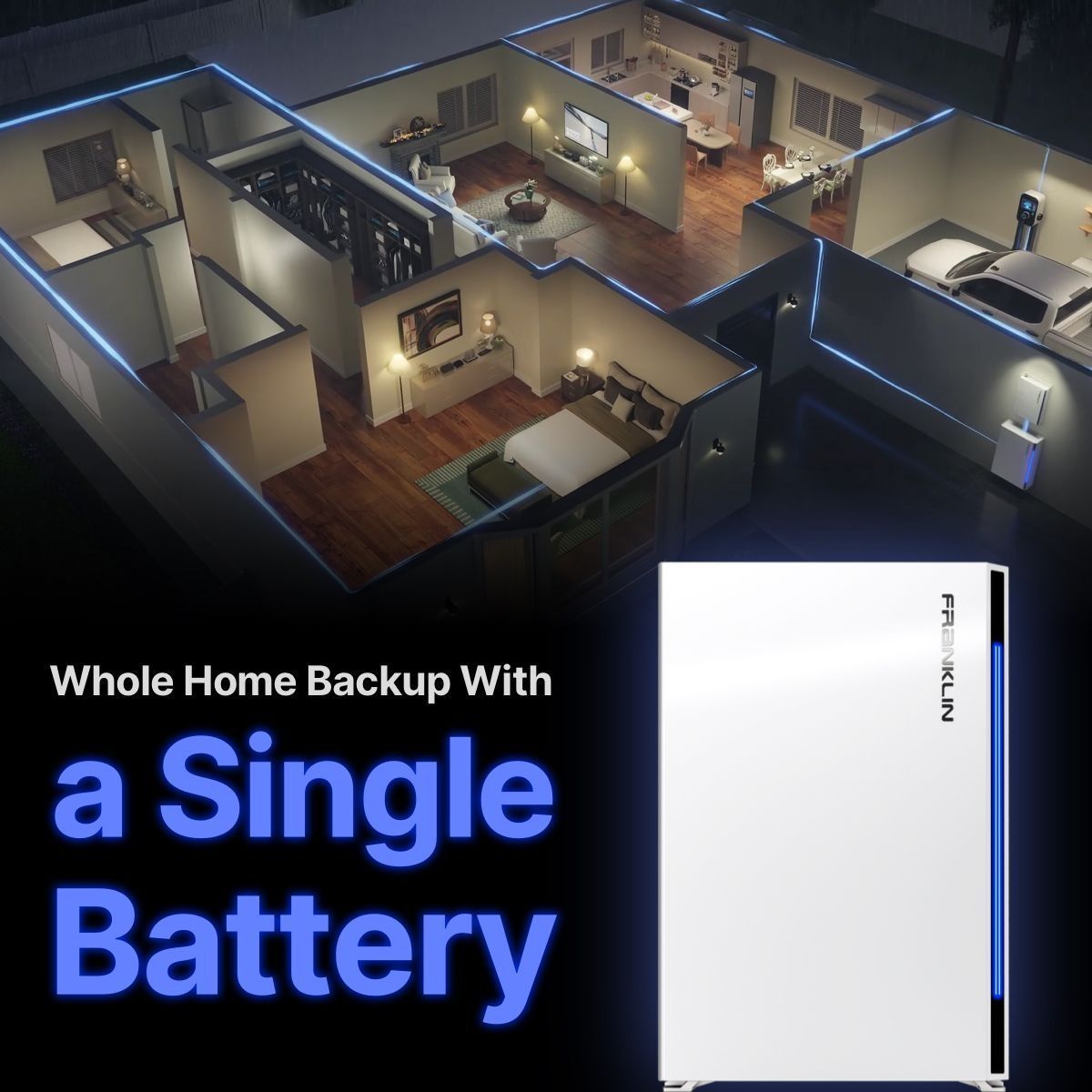 Home backup ad: aerial house floor plan with text “Whole Home Backup With a Single Battery” and a battery icon