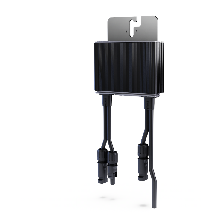 Black solar panel optimizer with attached cables and mounting bracket on white background