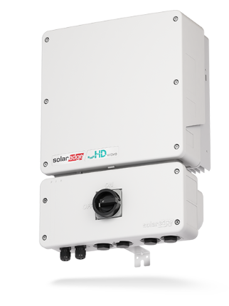 White solar inverter unit with a lower control box and black circular connector порт.