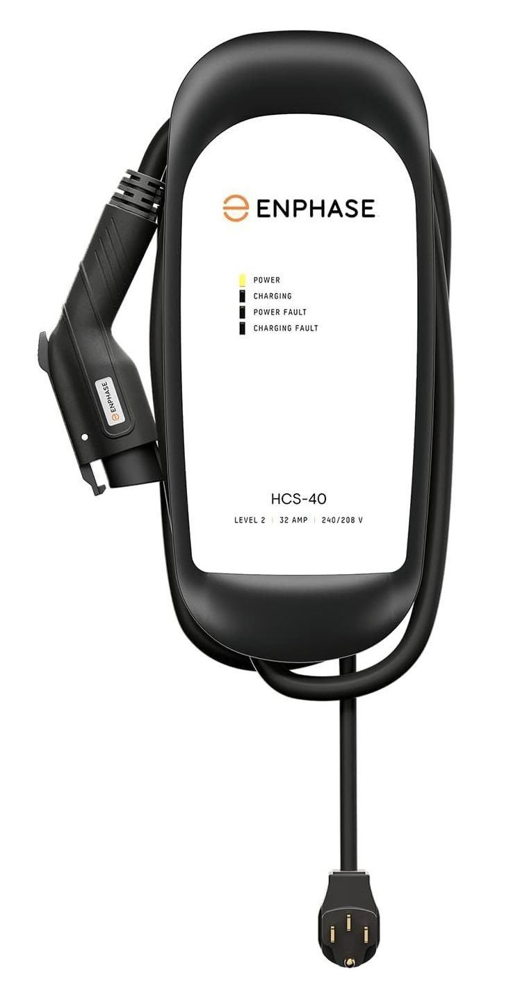Enphase solar microinverter with attached black cable and plug, white casing and logo