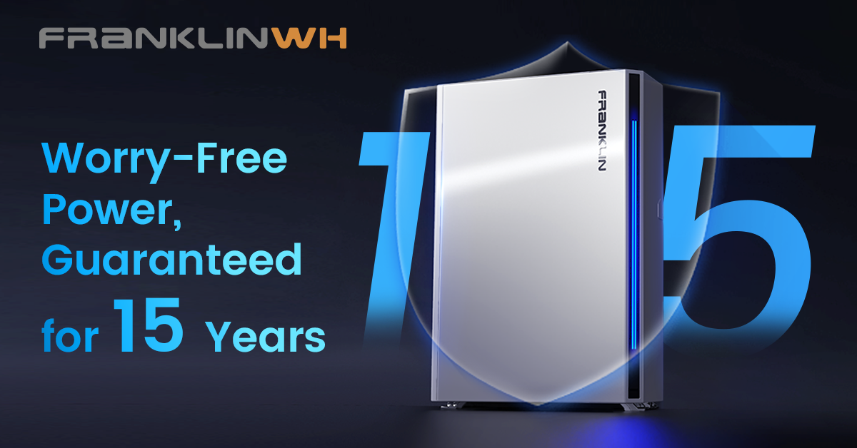 FranklinWH home battery with “Worry-Free Power, Guaranteed for 15 Years” text on blue background