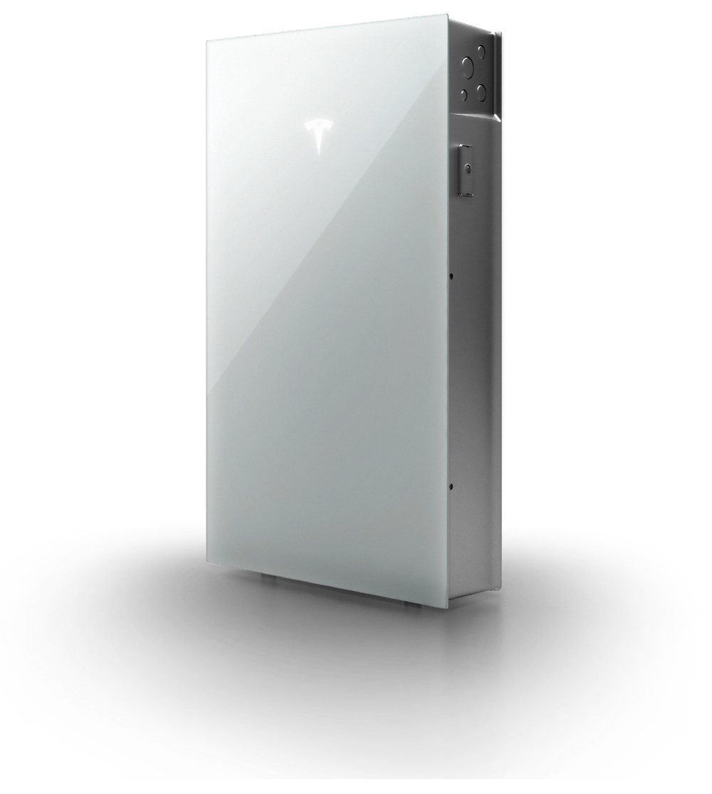 Silver Tesla Powerwall battery wall unit shown in three-quarter view on a white background