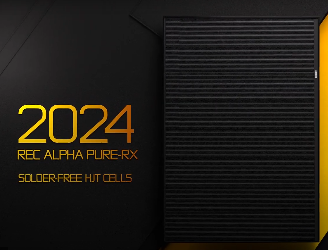 2024 REC Alpha Pure-RX solar free hot cells brochure cover with black panel and orange text