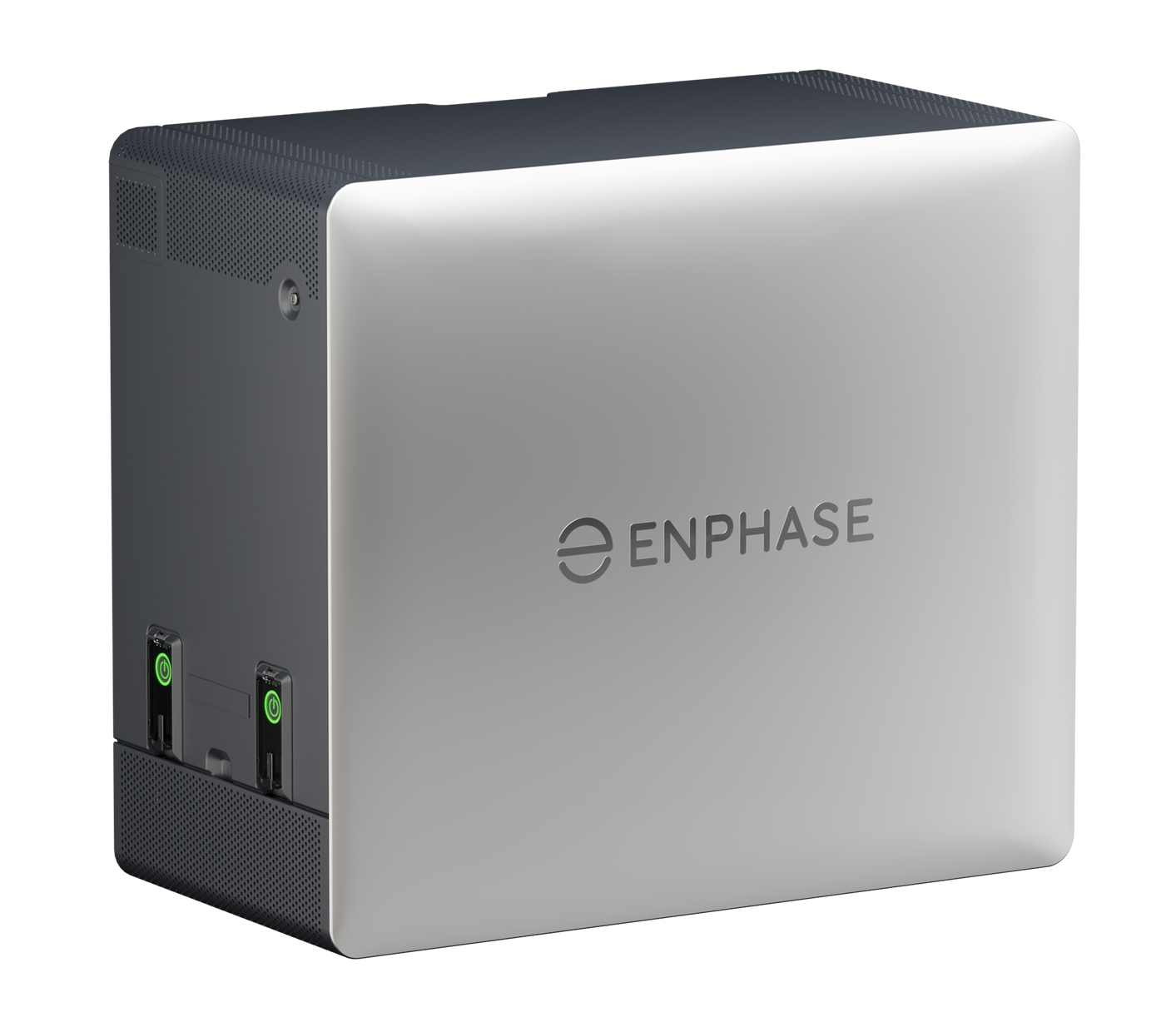 Silver Enphase solar battery unit with black top and side vents