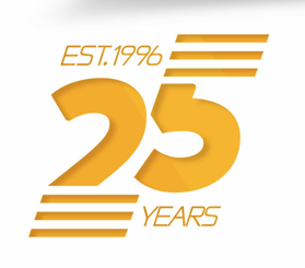 Gold “25 Years” anniversary logo with “EST. 1996” and striped accents