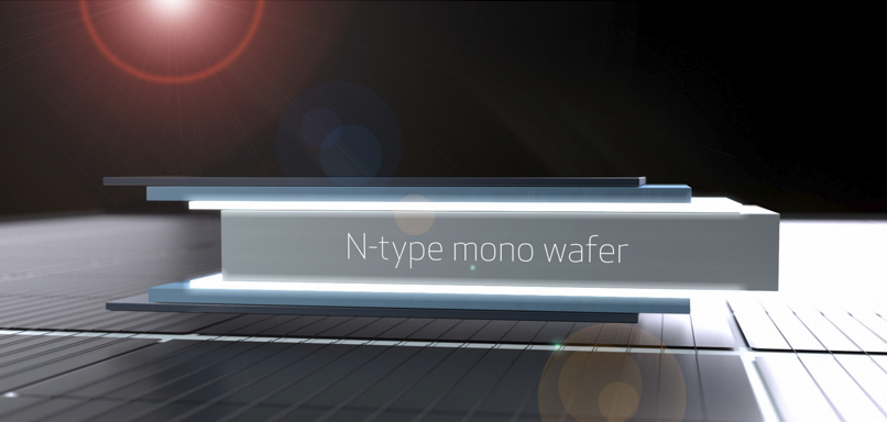 N-type mono wafer on a sleek display platform with a dark background and lens flare