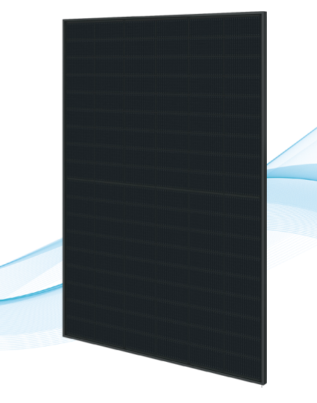 Black solar panel standing upright on a white background with light blue wave accents