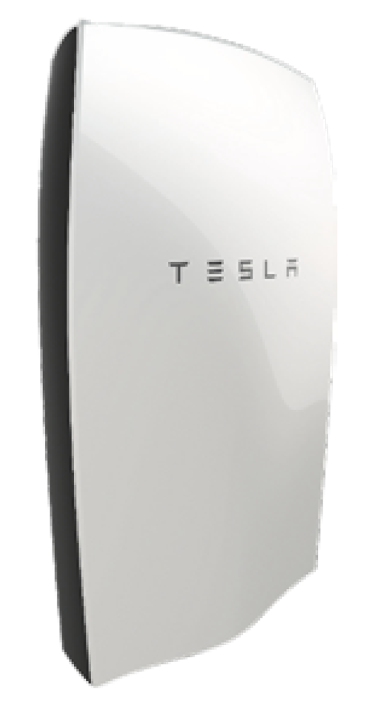 White Tesla wall-mounted battery unit with a glossy curved front and Tesla logo.
