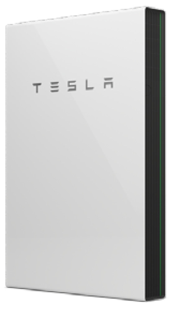 White Tesla wall-mounted battery unit with silver logo and dark side panel