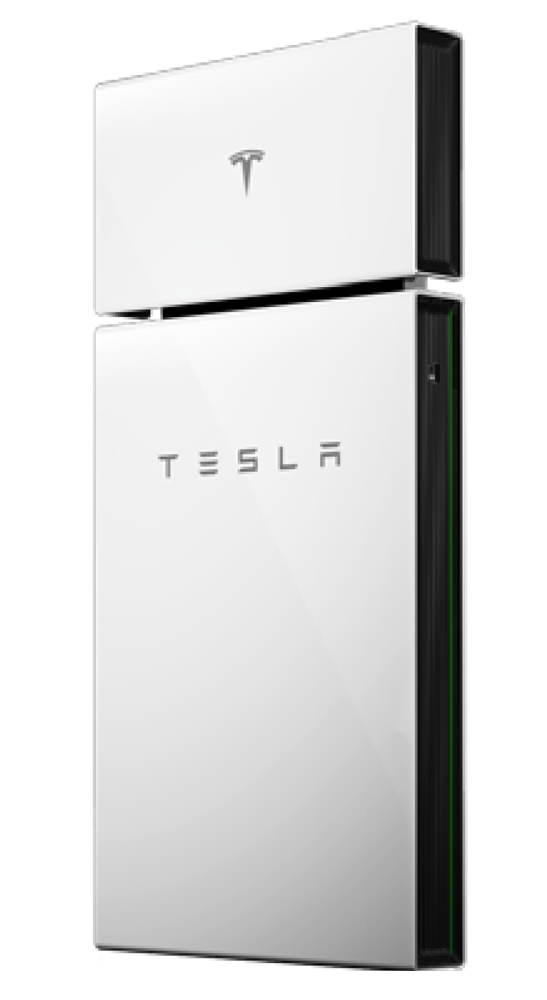 Tesla Powerwall battery unit, white wall-mounted storage system with black side panel and logo