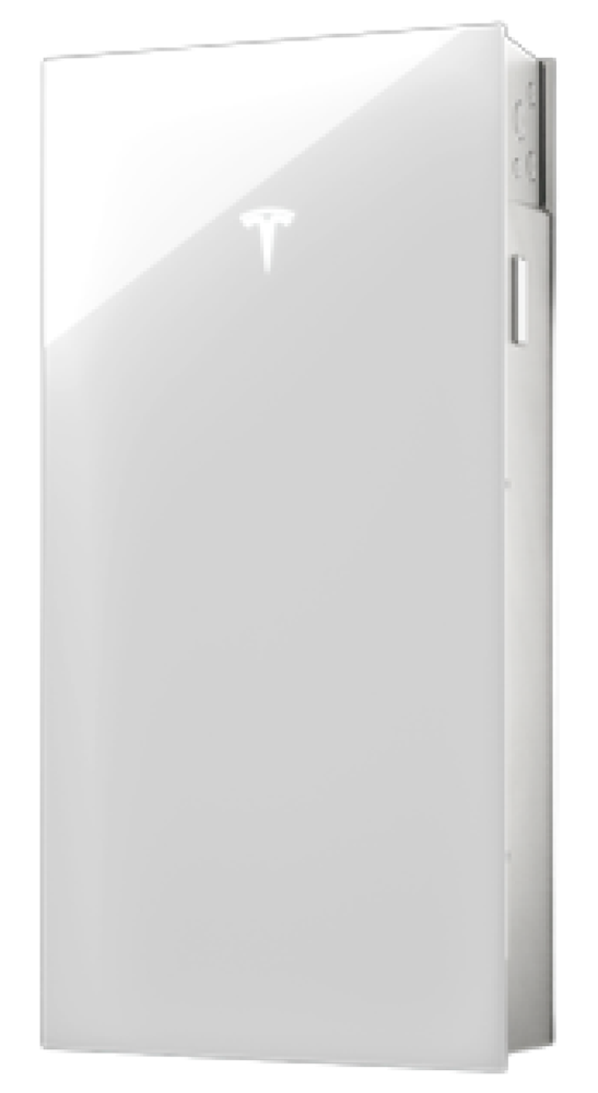 White Tesla wall-mounted charger with a glowing logo