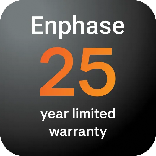 Enphase 25-year limited warranty badge on a dark background, with white and orange text