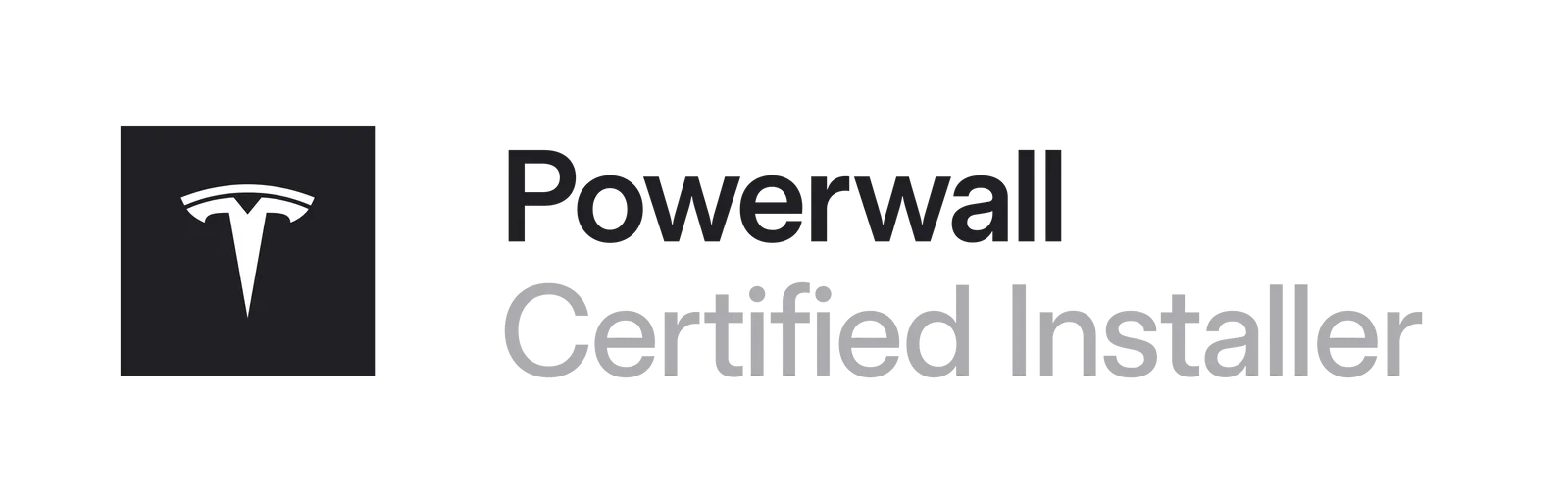 Tesla Powerwall Certified Installer logo on white background, black icon and gray text