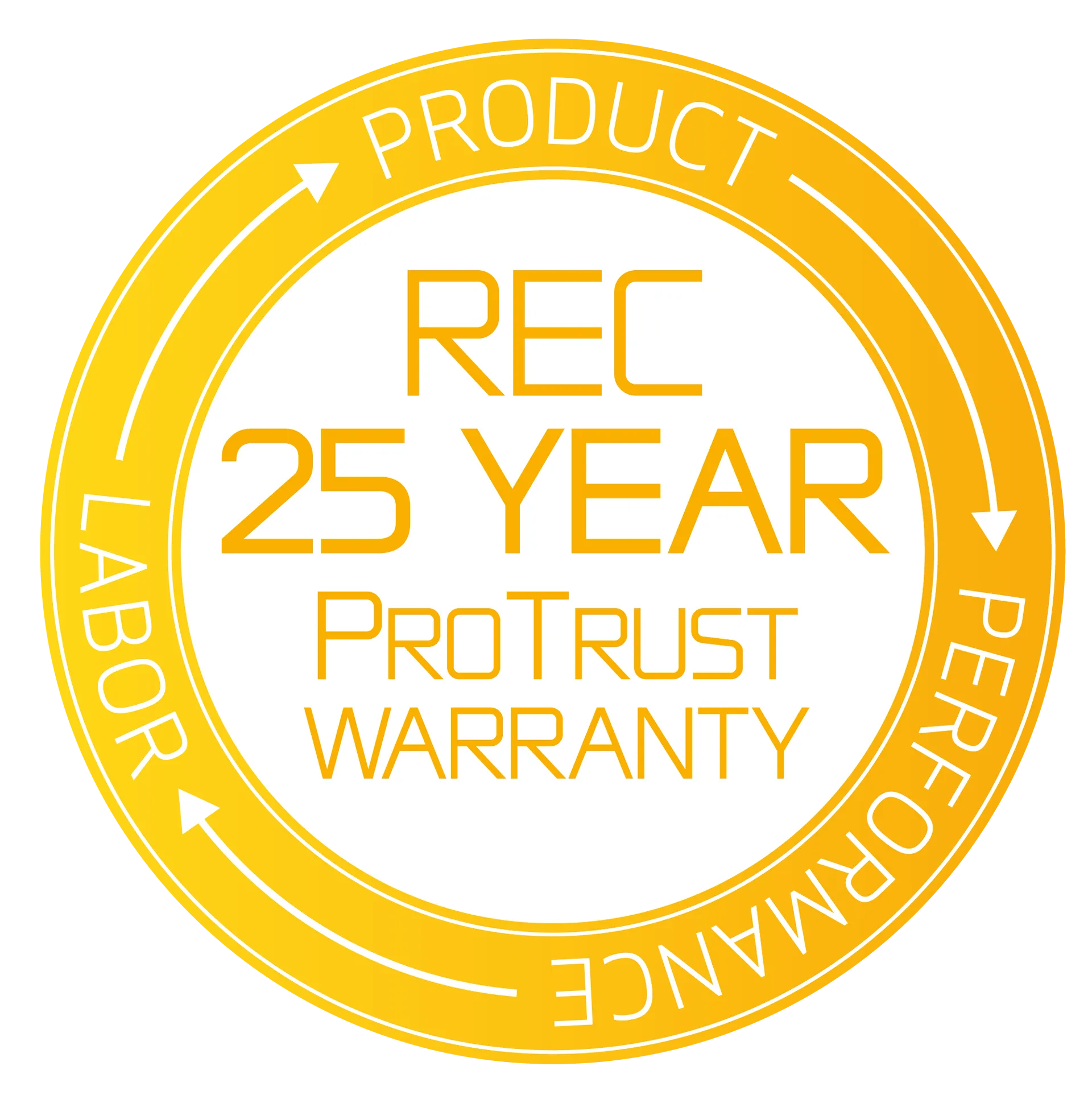 Gold circular 25-year ProTrust warranty badge with product, labor, and performance text