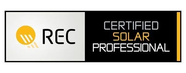 REC Certified Solar Professional logo on a white and black banner with yellow icon and text