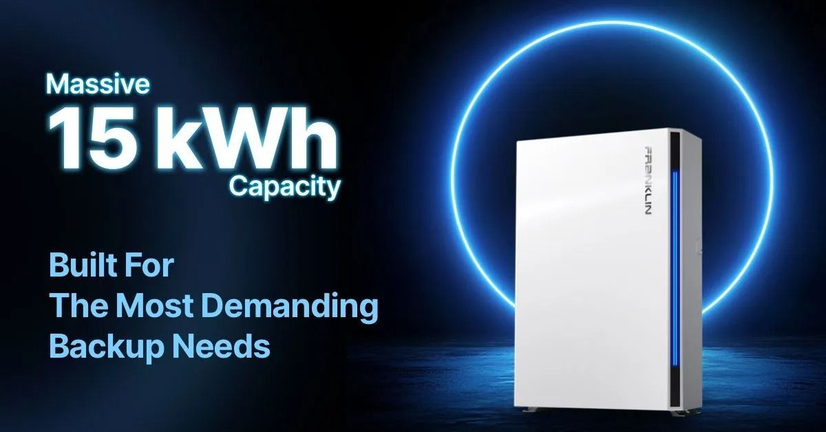 15kWh backup battery with blue glow and text:
