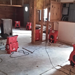 A room with a bunch of red fans on the floor.