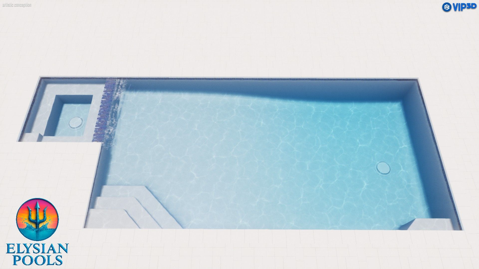 An aerial view of a rectangular pool with a built-in spa and waterfall feature, rendered in light blue and white.