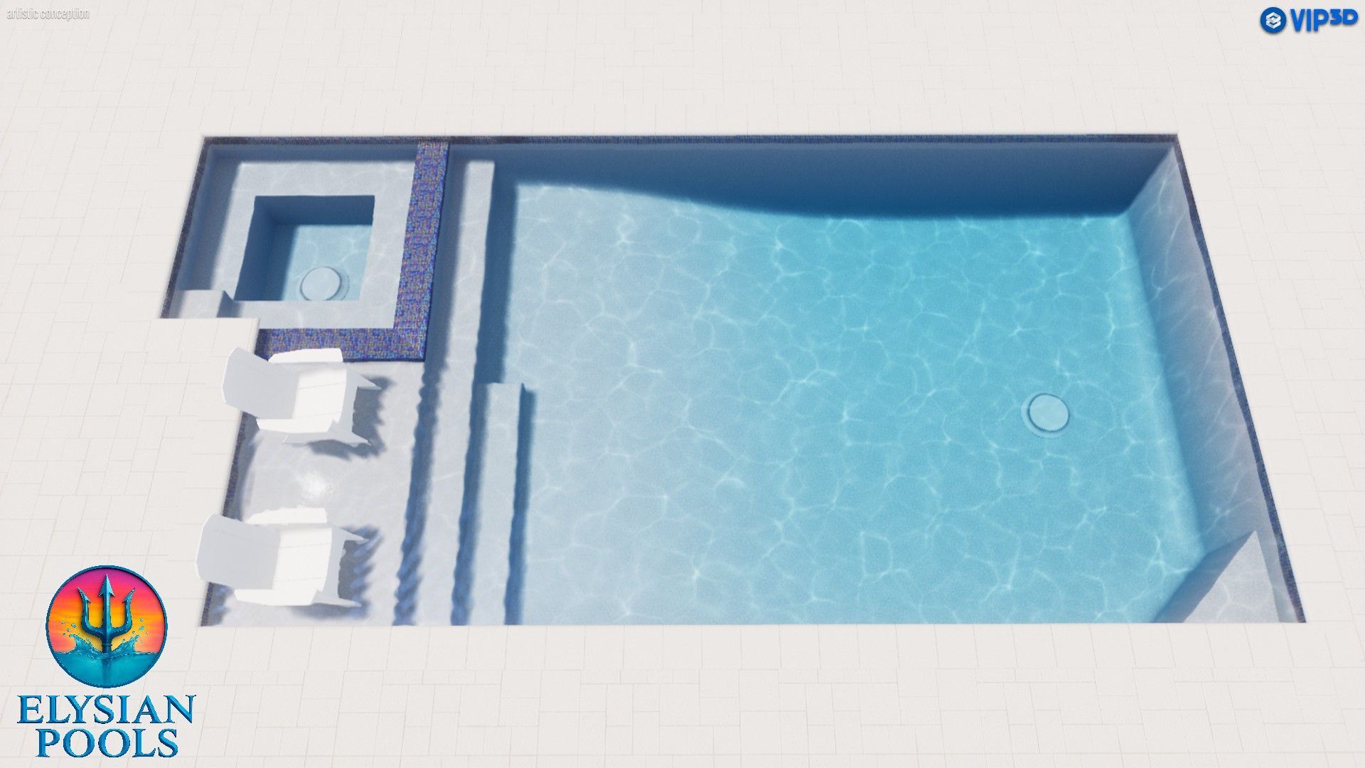Top-down view of a pool with a jacuzzi, steps, and lounge chairs; blue water and gray concrete.