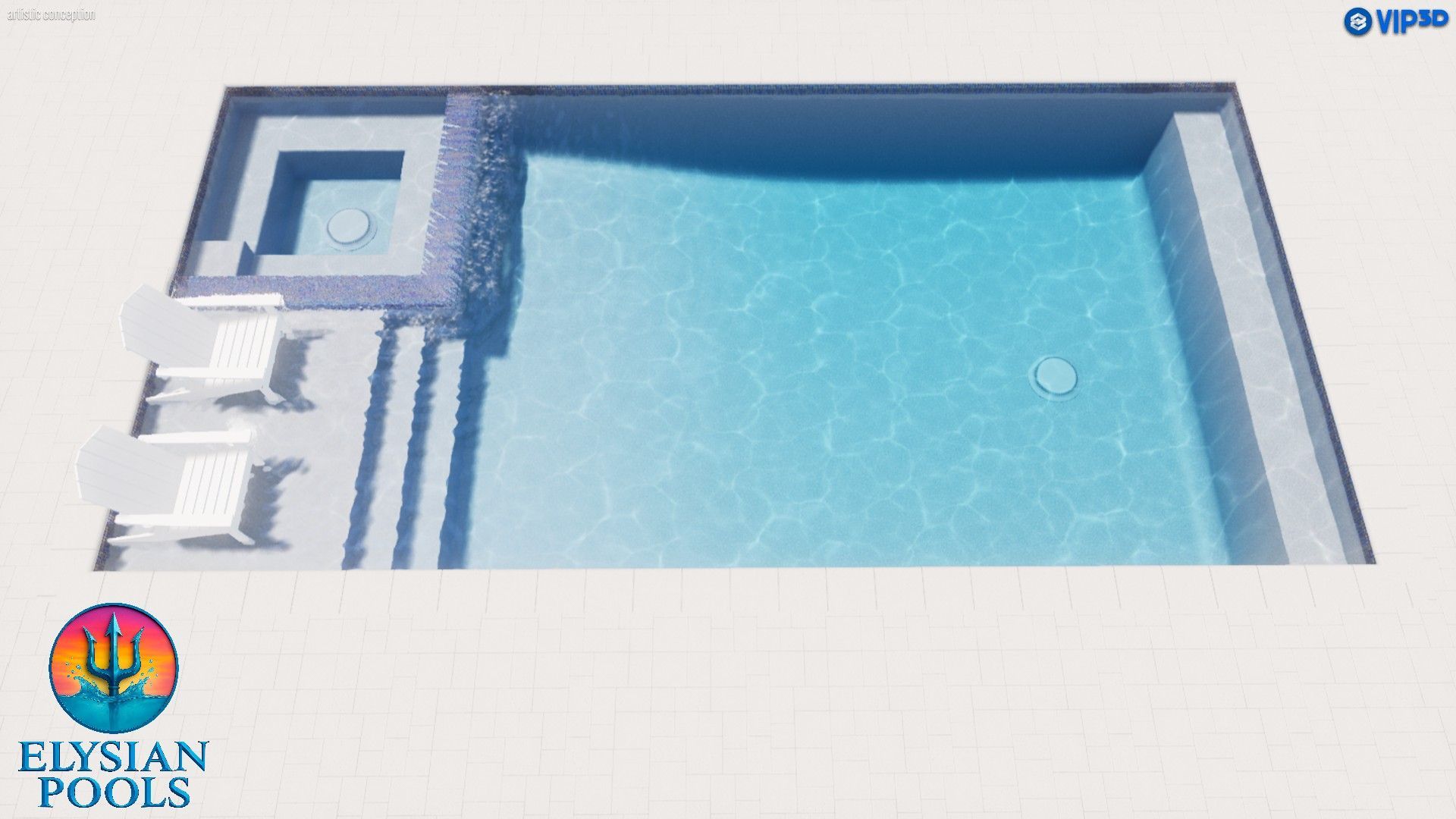 3D rendering of a rectangular pool with attached spa and lounge area; blue water, white chairs.