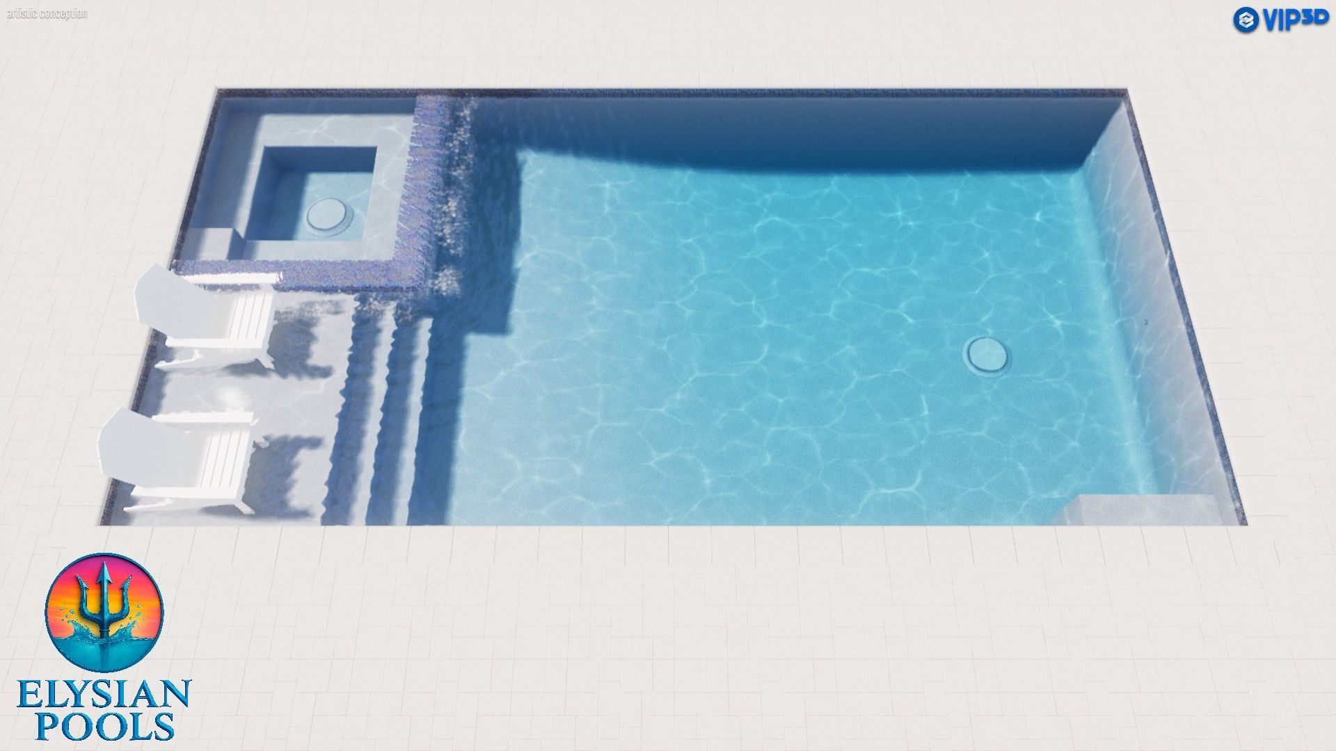 A 3D rendering of a rectangular pool with a built-in spa, steps, and lounge chairs.