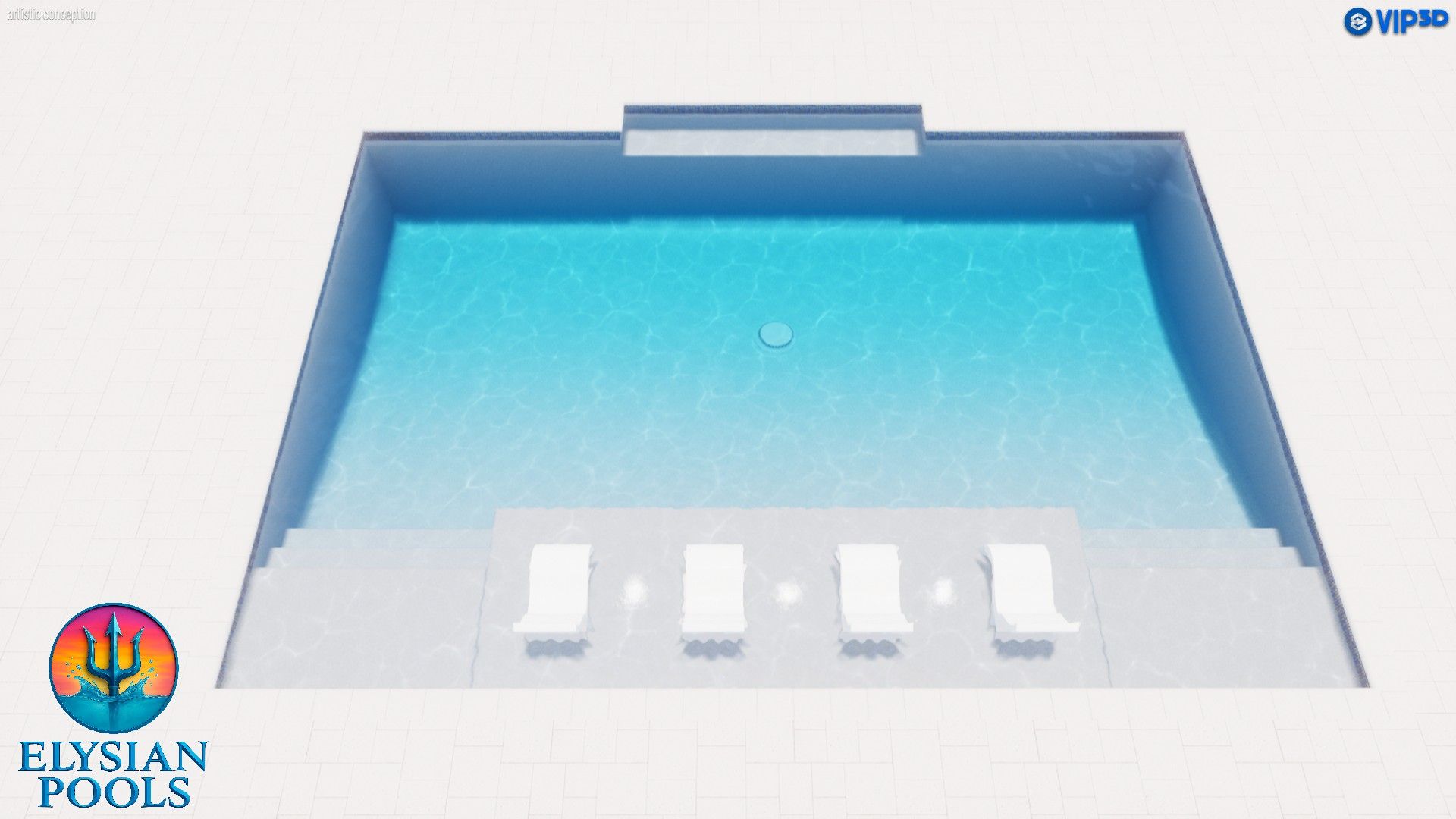 3D rendering of a rectangular pool with lounge chairs and the Elysian Pools logo.