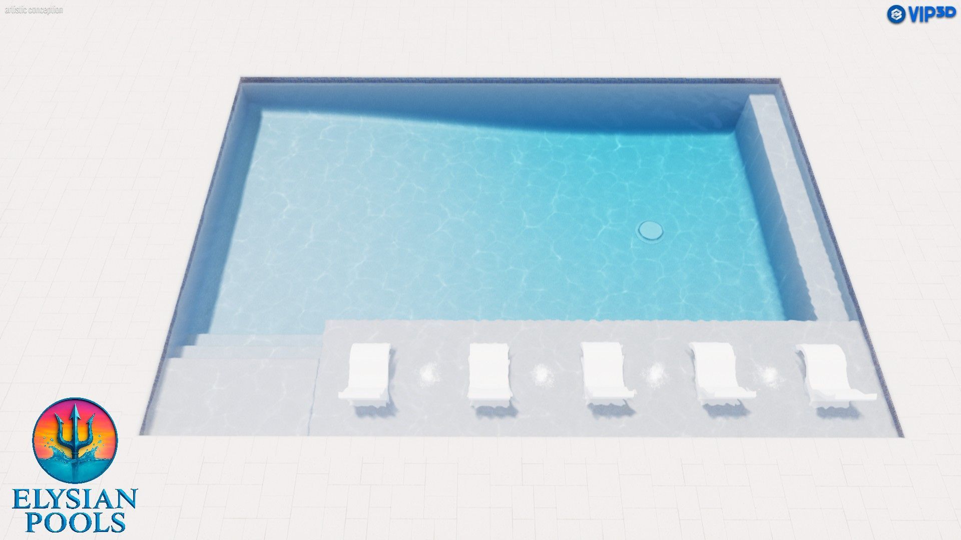Animated view of a rectangular pool with lounge chairs and steps. Turquoise water, white surroundings.