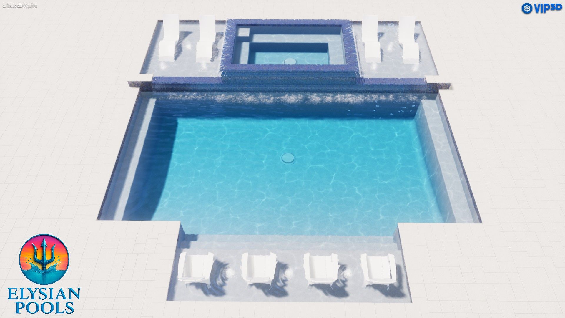 Overhead view of a modern swimming pool with spa, blue water, white deck, and lounge chairs.