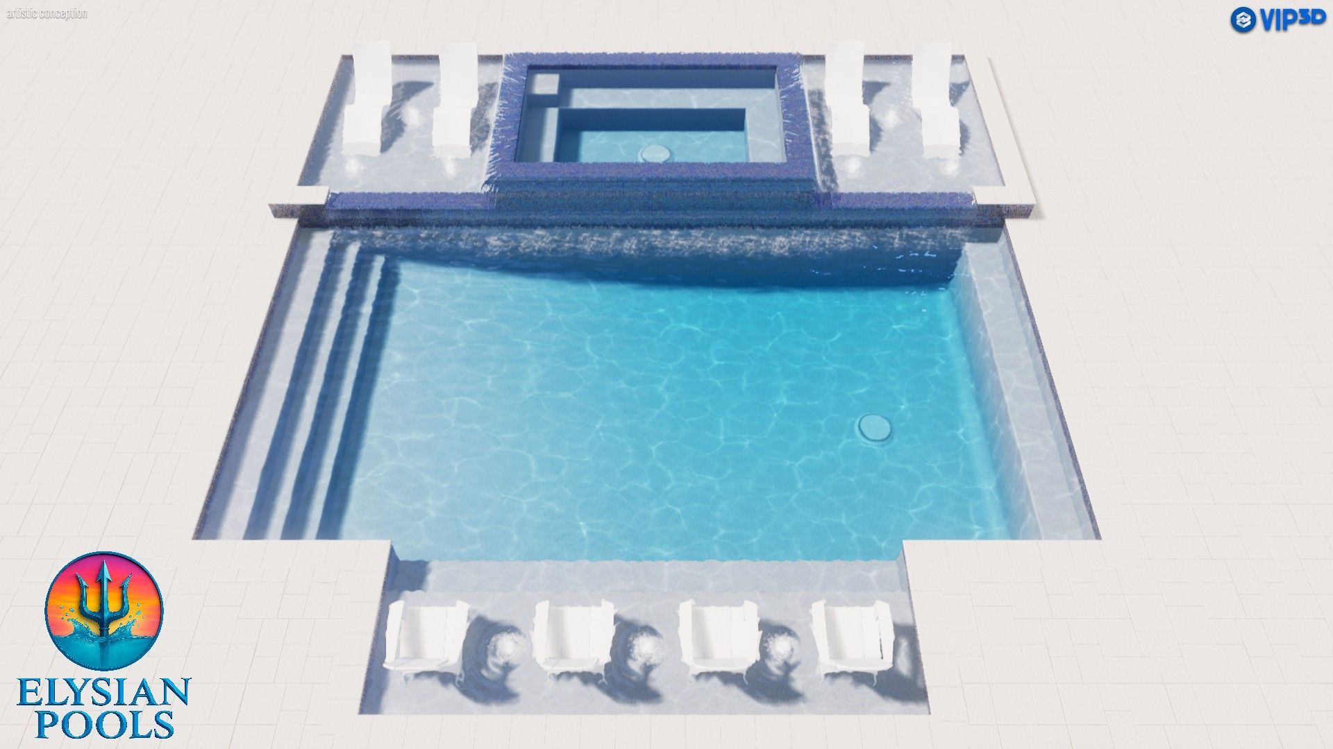A rendered animation of a modern pool design with fountains and lounge chairs, blue water.