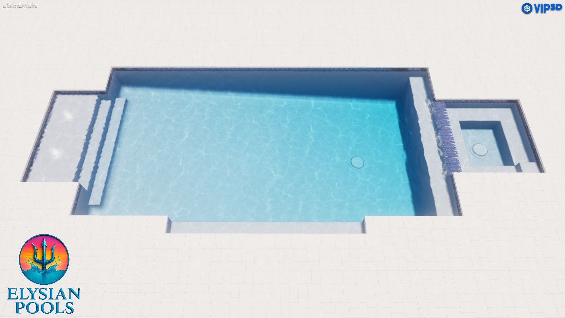 A top-down view of a rectangular pool with steps and a spa. Blue water, white decking, and dark gray pool surround.