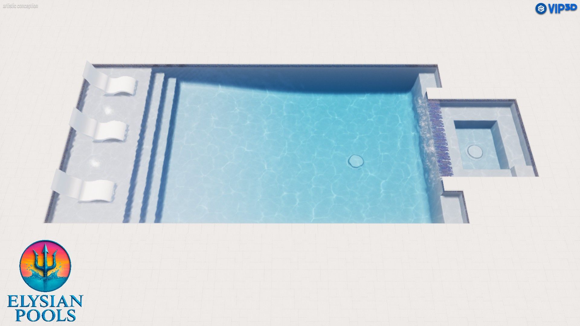 Top-down view of a rectangular swimming pool with integrated spa and lounge seating. Light blue water.