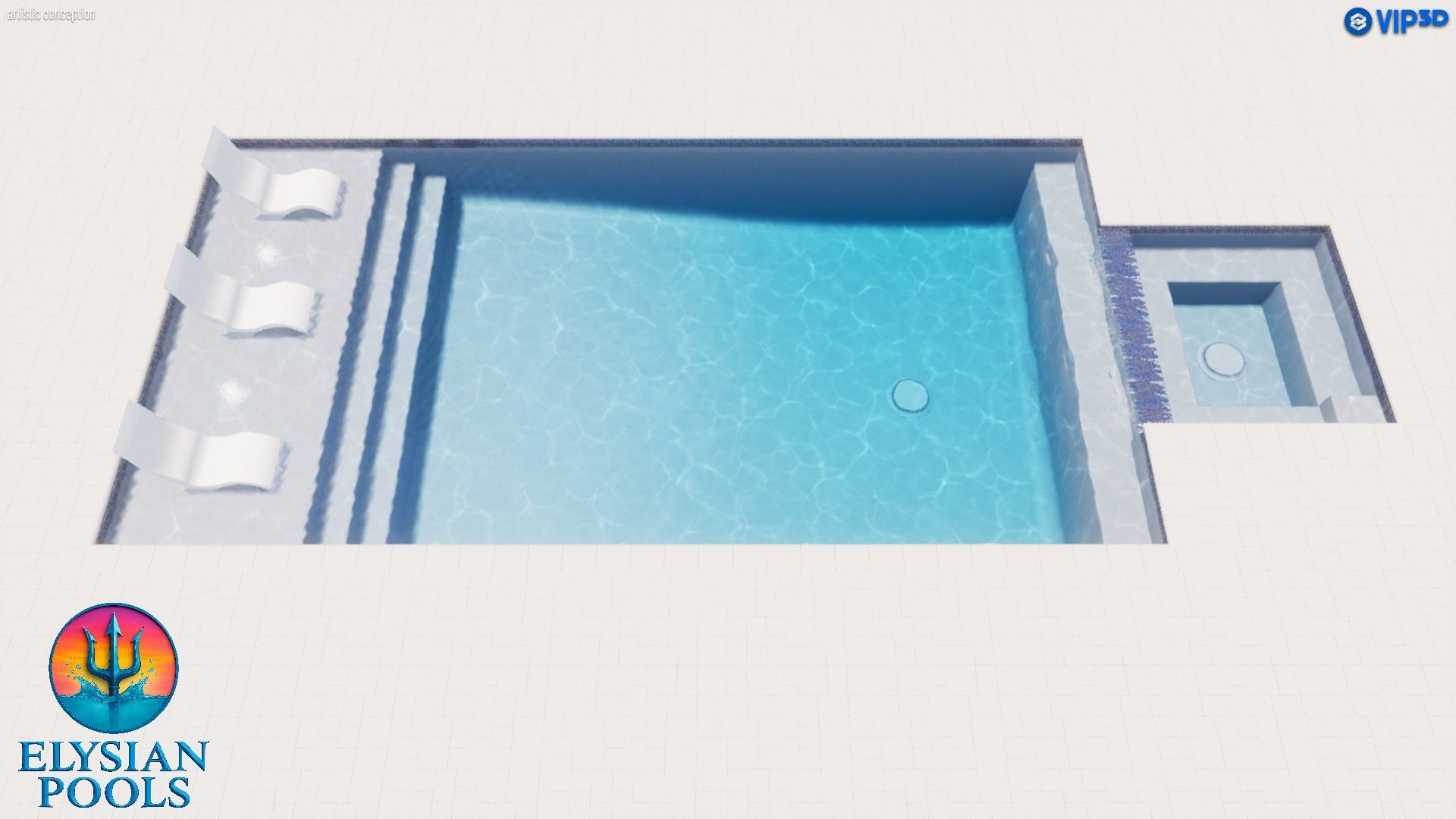 Top-down view of a rectangular swimming pool with steps, lounge chairs, and a spa. Blue water, white and gray surfaces.